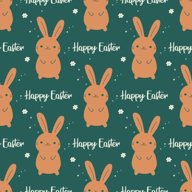 Mutlu Paskalyalar. Paskalya Sevimli Komik Çizgi Film Tavşanı ile Kusursuz Şablon. Düz Tavşanlı Paskalya Tatili Tasarımı, Tavşancık. Vektör İllüstrasyonu.