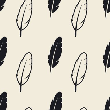 Beyaz Arkaplanda Farklı Siyah Yumuşak Tüylü Siluetleri olan Kusursuz Örnekler. Flamingo 'nun Tasarım Şablonu, Angel, Duvar Kağıdı için Kuş Tüyleri, Tekstil. Hafiflik, Özgürlük Kavramı.