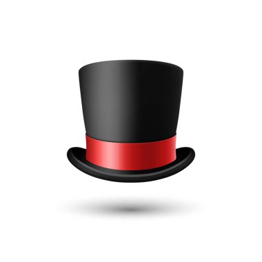 Beyaz Arkaplanda Kırmızı Kurdele Kapalı Siyah Şapkalı Vektör 3d Gerçekçi Siyah Şapka. Klasik Retro Vintage Top Hat, Vintage Gentlemans Mens Hat, Front View.