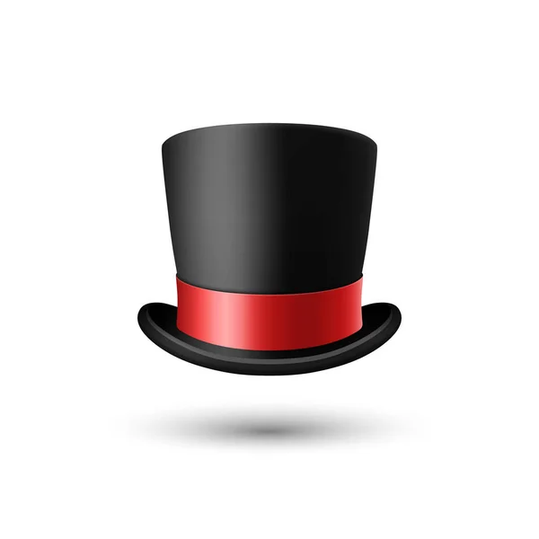 白の背景に隔離された赤いリボンの閉鎖を持つベクトル3D現実的なブラックトップハット クラシックレトロヴィンテージトップ帽子 ヴィンテージ紳士メンズ帽子 フロントビュー — ストックベクタ