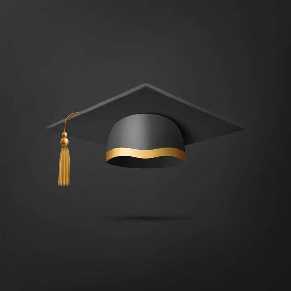 ベクトル3Dリアルなブラック大学院大学 大学ブラックキャップアイコンの閉鎖隔離された 学位授与式の帽子 教育学生のシンボル フロントビュー — ストックベクタ