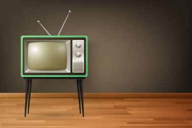 Vector 3d Gerçekçi Retro TV Alıcısı Tahta Zemin 'de. Ev Tasarımı Konsepti. Klasik TV Seti, Televizyon, Ön Görünüm.