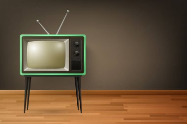 Vector 3d Gerçekçi Retro TV Alıcısı Tahta Zemin 'de. Ev Tasarımı Konsepti. Klasik TV Seti, Televizyon, Ön Görünüm.