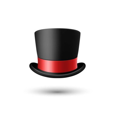 Beyaz Arkaplanda Kırmızı Kurdele Kapalı Siyah Şapkalı Vektör 3d Gerçekçi Siyah Şapka. Klasik Retro Vintage Top Hat, Vintage Gentlemans Mens Hat, Front View.