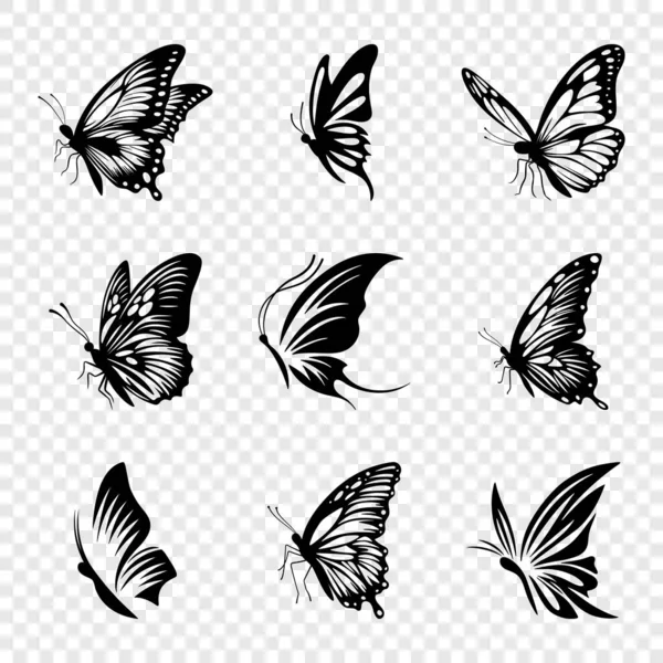 Vektor Černobílý Ručně Kreslený Motýl Ikona Sada Izolované Kolekce Motýlů — Stockový vektor
