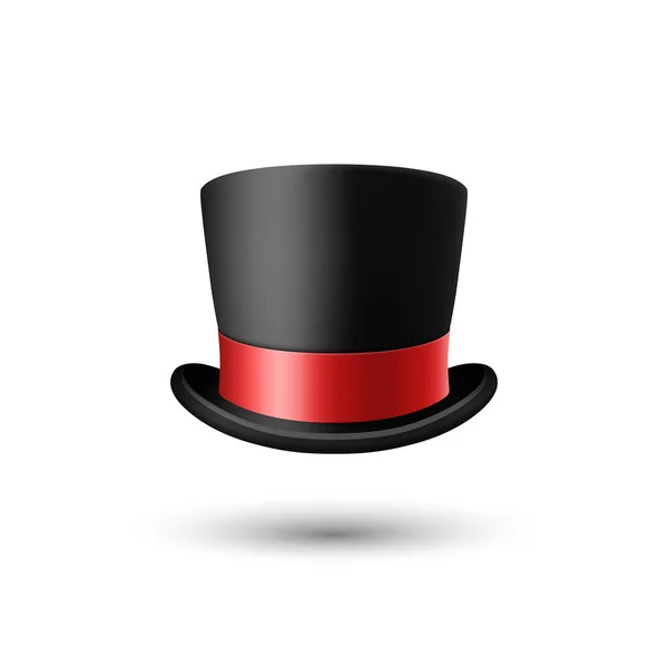 矢量3D现实黑色顶帽与红丝带遮盖布隔离的白色背景 经典复古复古顶帽 复古绅士门帽 前视图 — 图库矢量图片