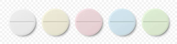 ベクトル3Dリアルなホワイト イエロー ピンク ブルー グリーンラウンド医薬品薬薬薬薬薬 カプセル タブレットアイコンセットの閉鎖を隔離しました フロントビュー 健康の概念 — ストックベクタ