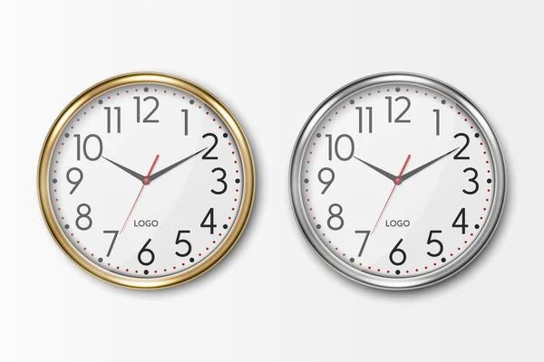 矢量3D现实圆形金属墙办公室时钟与白色拨号图标集 灰色和黄色金属手表 设计模板 品牌设计模型 — 图库矢量图片