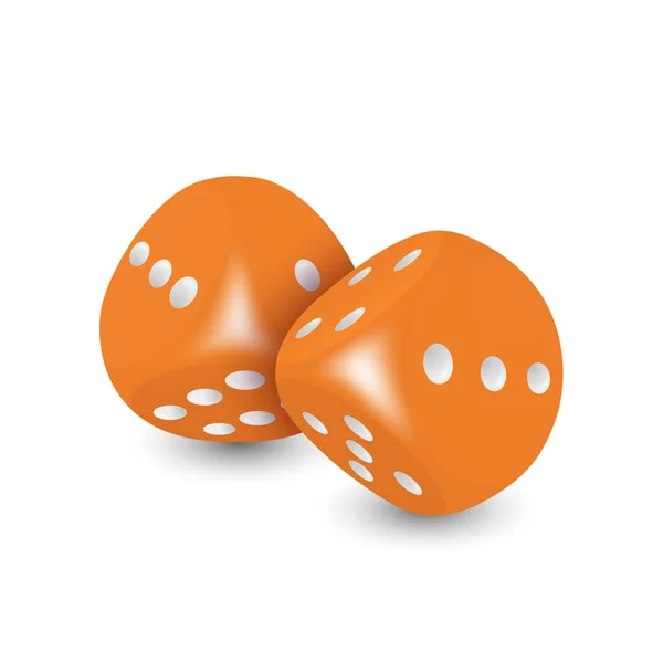白のドットとベクトル3D現実的なオレンジのゲームのダイスは 白の背景に隔離された閉鎖を設定します 異なる位置でのギャンブルのためのゲームキューブカップル カジノのダイス ラウンドエッジ — ストックベクタ