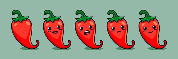 Vector Cartoon Schattig Grappig Rood Hot Chili Peper Pictogram Set — Stockvector