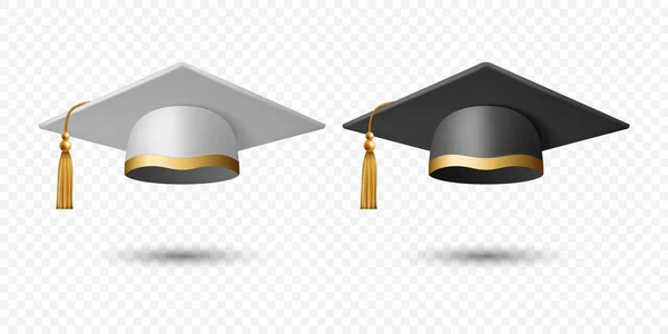 ベクトル3Dリアルな白と黒の大学院大学 大学キャップアイコンセットの閉鎖孤立した 学位授与式の帽子 教育学生のシンボル フロントビュー — ストックベクタ
