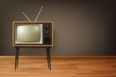 Vector 3d Gerçekçi Retro TV Alıcısı Tahta Zemin 'de. Ev Tasarımı Konsepti. Klasik TV Seti, Televizyon, Ön Görünüm.