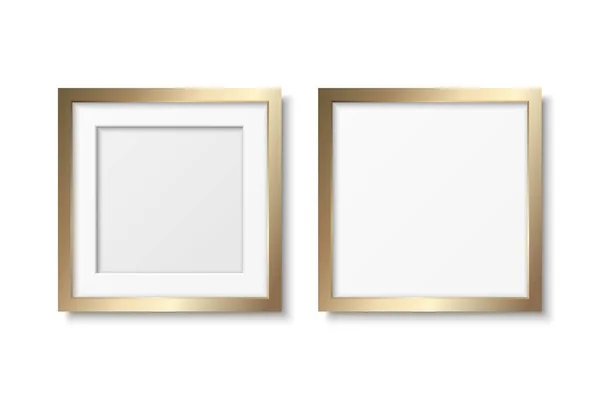 ベクトル3Dリアルなイエローメタル ゴールデンカラー装飾ヴィンテージフレームセット ボーダーアイコンのクローズアップ絶縁 写真のための正方形の写真フレームデザインテンプレート ボーダーデザイン — ストックベクタ