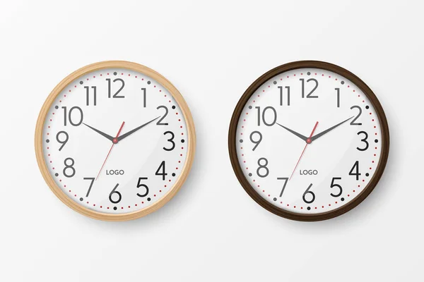 矢量3D写实主义圆形布朗木墙办公室时钟与白色拨号图标集 采购产品木制手表 设计模板 品牌的模型 — 图库矢量图片