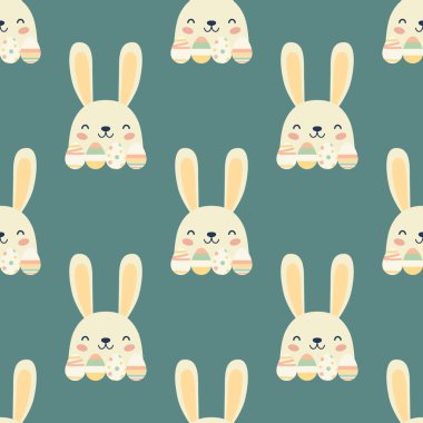 Paskalya Şirini ve Komik Çizgi Film Tavşanı ile Kusursuz Şablon. Kahverengi Düz Tavşanlı Paskalya Tatili Tasarımı, Mavi Arkaplanda Tavşan. Vektör İllüstrasyonu.