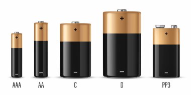 Vektör 3d Gerçekçi Siyah ve Sarı Alkali Batarya Simgesi Kapatma Beyaz Arkaplan 'da izole edildi. Farklı Boyut - AAA, AA, C, D, PP3. Marka Tasarım Şablonu, Mockup. Vektör İllüstrasyonu.