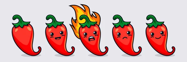 Wektor Kreskówki Cute Funny Red Hot Chili Pepper Zestaw Ikon — Wektor stockowy