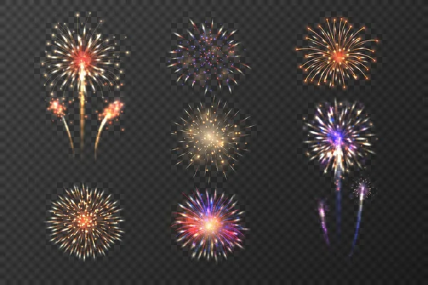 Vector Realistic Festive Firework Bursting Fireworks Sparkling Icon Set Isolated — Stock Vector