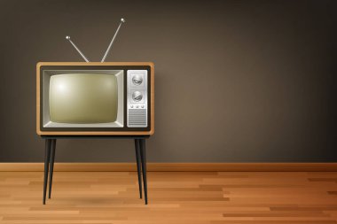 Vector 3d Gerçekçi Retro TV Alıcısı Tahta Zemin 'de. Ev Tasarımı Konsepti. Klasik TV Seti, Televizyon, Ön Görünüm.