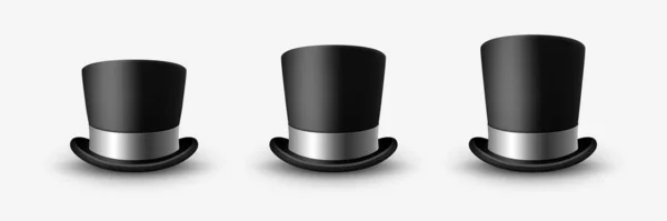 Vector Realistic Black Top Hat Icon Set Closeup Silver Ribbon — Stock Vector