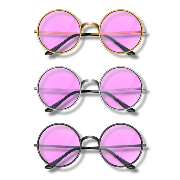 ピンクガラスのベクトル3Dリアルなフレームグラス ゴールデン シルバー ブラックカラーフレーム 女性と男性のためのピンク透明サングラス アクセサリー 光学系 レンズ ヴィンテージ トレンドグラス — ストックベクタ