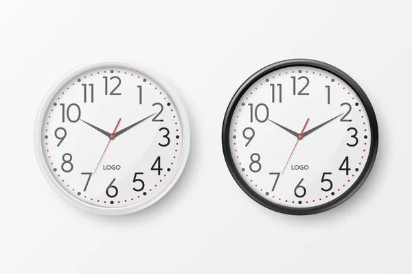 Vector Realistic White Black Wall Office Clock Icon Set Nahaufnahme — Stockvektor