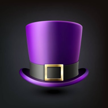 Vector 3d Gerçekçi Mor Şapka Simgesi ve Siyah Kurdele Kapanışı izole edildi. Klasik Retro Vintage Top Hat, Vintage Gentlemans Mens Hat, Front View.