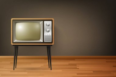 Vector 3d Gerçekçi Retro TV Alıcısı Tahta Zemin 'de. Ev Tasarımı Konsepti. Klasik TV Seti, Televizyon, Ön Görünüm.