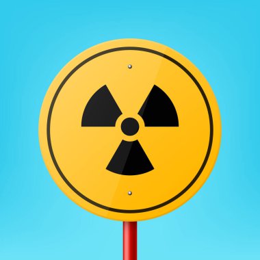 Mavi Arkaplanda Radyasyon İşareti, Simge, Nükleer Uyarı Simgesi Simgesi Kapalı Sarı Boş Yol İşaret Çerçevesi. Yol İşaretleyici Tabaka Tasarım Şablonu, Ön Görünüm.