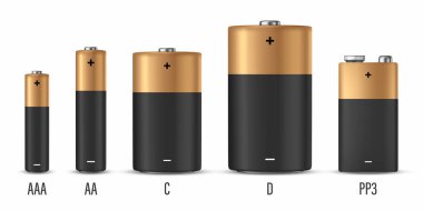 Vektör 3d Gerçekçi Siyah ve Sarı Alkali Batarya Simgesi Kapatma Beyaz Arkaplan 'da izole edildi. Farklı Boyut - AAA, AA, C, D, PP3. Marka Tasarım Şablonu, Mockup. Vektör İllüstrasyonu.