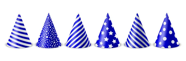 Vector Realistic Blue White Birthday Party Hat Icon Set Isolated — Stock Vector