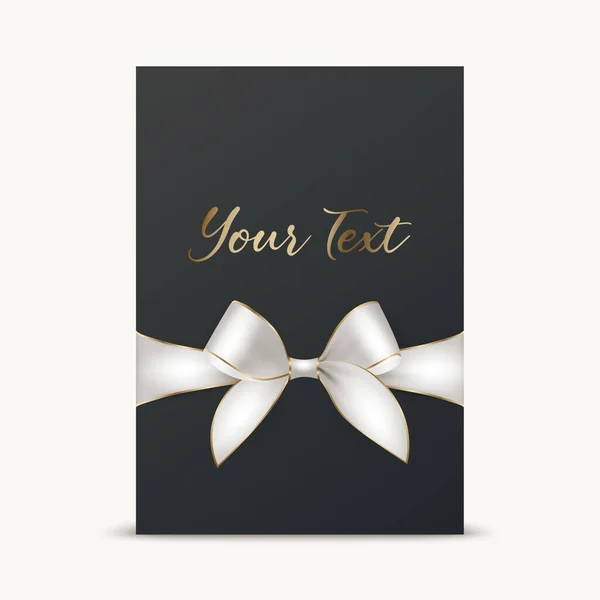 ベクトル3Dリアルなホワイトギフトリボンとブラックグリーティングカードの背景を持つ弓 弓デザインテンプレート 誕生日のコンセプト クリスマスプレゼント ギフト 招待状 カード ギフトボックス 休日の装飾 — ストックベクタ