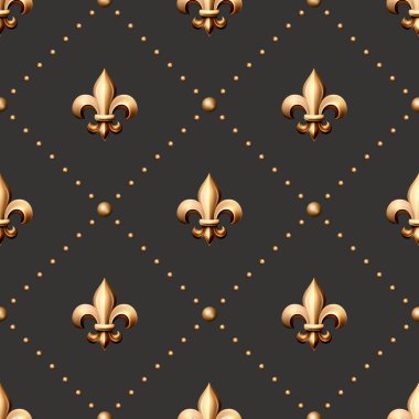 Siyah Arkaplan 'da Vector Pürüzsüz Model 3d Gerçekçi Metal Altın Renk Fleur De Lis Closeup. Heraldic Lily, Front View. Vektör İllüstrasyonu.