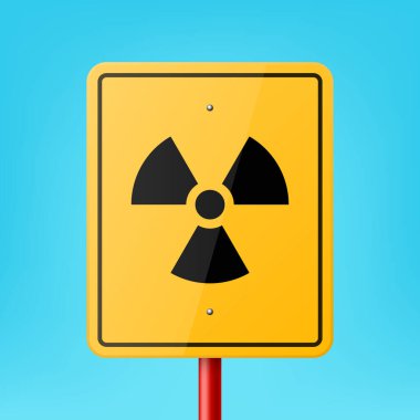 Mavi Arkaplan üzerinde Radyasyon İşareti, Simge, Nükleer Uyarı Simgesi Simgesi Simgesi Kapalı Sarı Boş Dikdörtgen Yol İşareti Çerçevesi. Yol İşaretleyici Tabaka Tasarım Şablonu, Ön Görünüm.