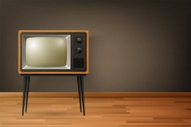Vector 3d Gerçekçi Retro TV Alıcısı Tahta Zemin 'de. Ev Tasarımı Konsepti. Klasik TV Seti, Televizyon, Ön Görünüm.