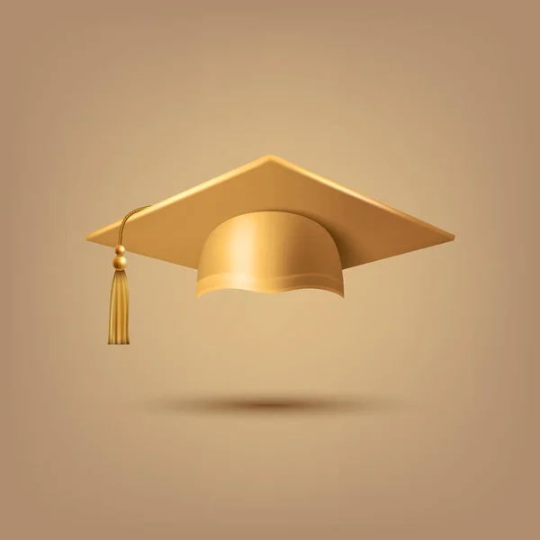 ベクトル3Dリアルな茶色 ゴールデン大学院大学 大学ブラックキャップアイコンの閉鎖隔離された 学位授与式の帽子 教育学生のシンボル フロントビュー — ストックベクタ