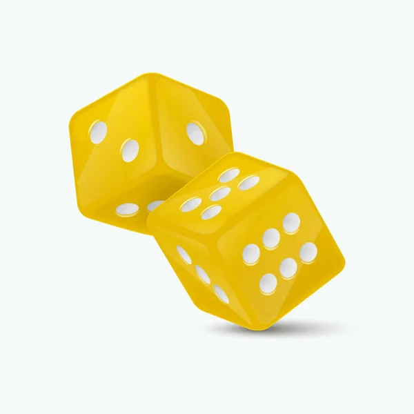 白のドットとベクトル3D現実的な黄色のゲームのダイスは 白の背景に隔離された閉鎖を設定します 異なる位置でのギャンブルのためのゲームキューブカップル カジノのダイス ラウンドエッジ — ストックベクタ