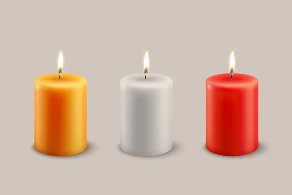 病媒3D现实的黄色 白色和红色石蜡或宽蜡燃烧党 温泉蜡烛与蜡烛图标集的火焰隔离 设计模板 前视图 — 图库矢量图片