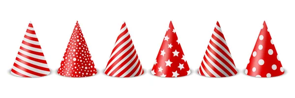 Vector Realistic Red White Birthday Party Hat Icon Set Isolated — Stock Vector