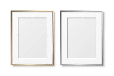 Vektör 3d Gerçekçi Gri ve Sarı Metal, Gümüş ve Altın Renkli Dekoratif Eski Çerçeve Seti, Kenarlık Simgesi Kapatma İzole edildi. Resim ve Kenarlık Tasarımı için A4, A5 Dikey Fotoğraf Çerçeve Tasarımı Şablonu.