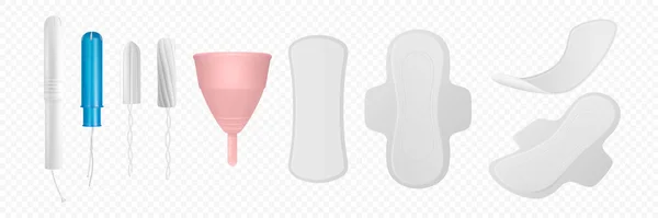 Vector Realistische Menstruationshygiene Produkte Tampon Tampon Mit Applikator Menstruationstasse Icon — Stockvektor