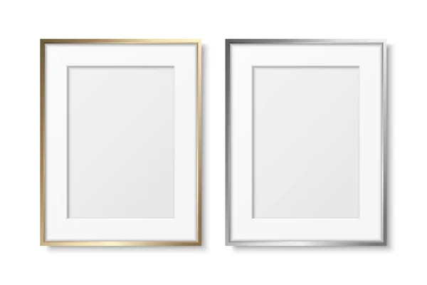 矢量3D现实灰色和黄色金属 银白色和金色装饰复古镜框集 边界图标闭锁分离 A5平面图 边框设计模板 — 图库矢量图片