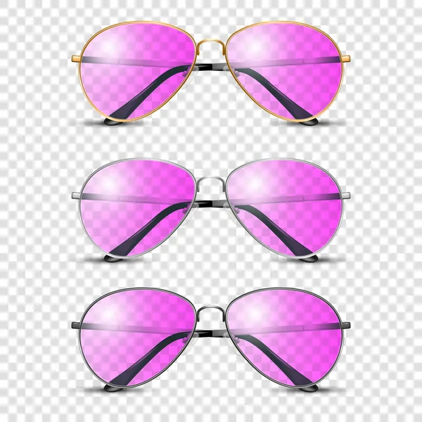 ピンクガラスのベクトル3Dリアルなフレームグラス ブラック ゴールデン シルバーカラーフレーム 女性と男性のためのピンク透明サングラス アクセサリー 光学系 レンズ ヴィンテージ トレンドグラス — ストックベクタ