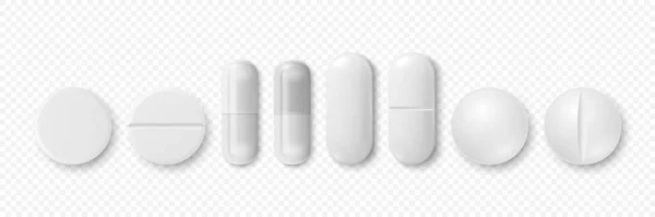 Vektorové Realistické Bílé Kolo Oválné Farmaceutické Lékařské Pilulky Kapsle Tablety — Stockový vektor