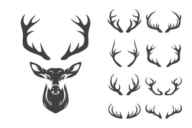 Vector Christmas Reindeer Horns, Antlers. Deer Horn Silhouettes. Hand Drawn Deers Horn, Antler Set. Animal Antler Collection. Design Elements of Deer. Wildlife Hunters, Hipster, Christmas Concept. clipart