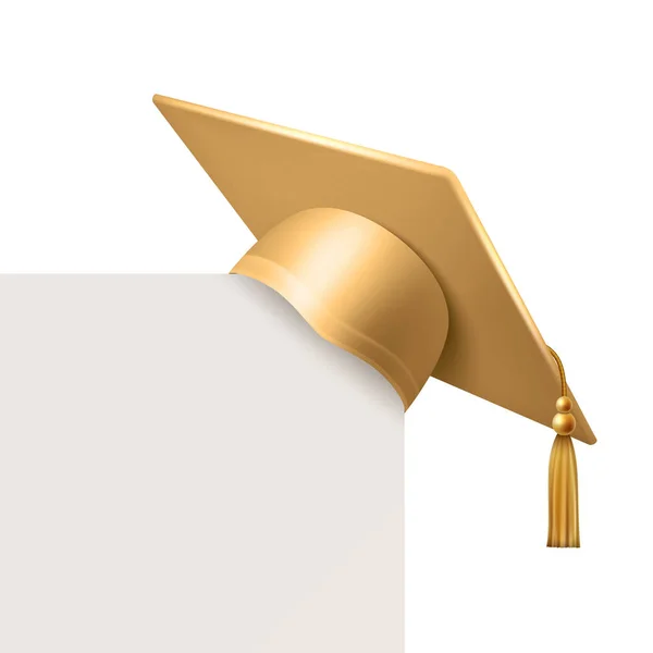 ベクトル3Dリアルな茶色 ゴールデン大学院大学 ブランクホワイトカードで大学キャップの閉鎖孤立した 学位授与式の帽子 教育学生のシンボル フロントビュー — ストックベクタ