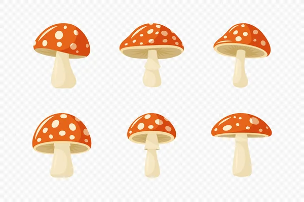 Vettoriale Disegnato Mano Cartone Animato Piatto Fungo Icona Set Amanita — Vettoriale Stock