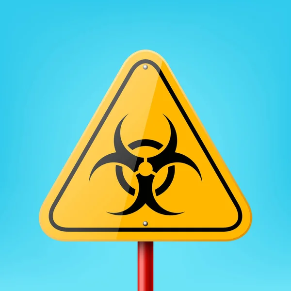 具有生物危害 辐射标志 核警告标志 蓝色背景下的核标志闭合的矢量黄色三角形路标框架 路标板设计模版 前视图 — 图库矢量图片