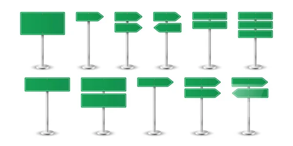 Vector Realistic Blank Green Road Figyelmeztetés Irányjelző Ikon Set Closeup — Stock Vector