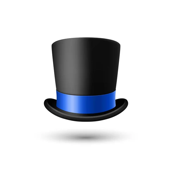 矢量3D现实的黑色顶帽图标与蓝丝带布隔离 经典复古复古顶帽 复古绅士门帽 前视图 — 图库矢量图片